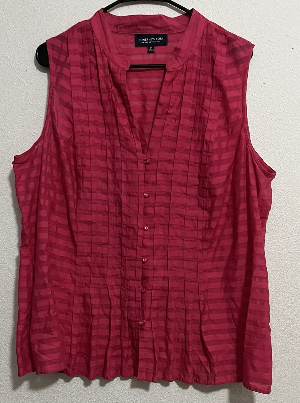 Jones New York Signature Woman Pink Striped Collared Chiffon Blouse 2X